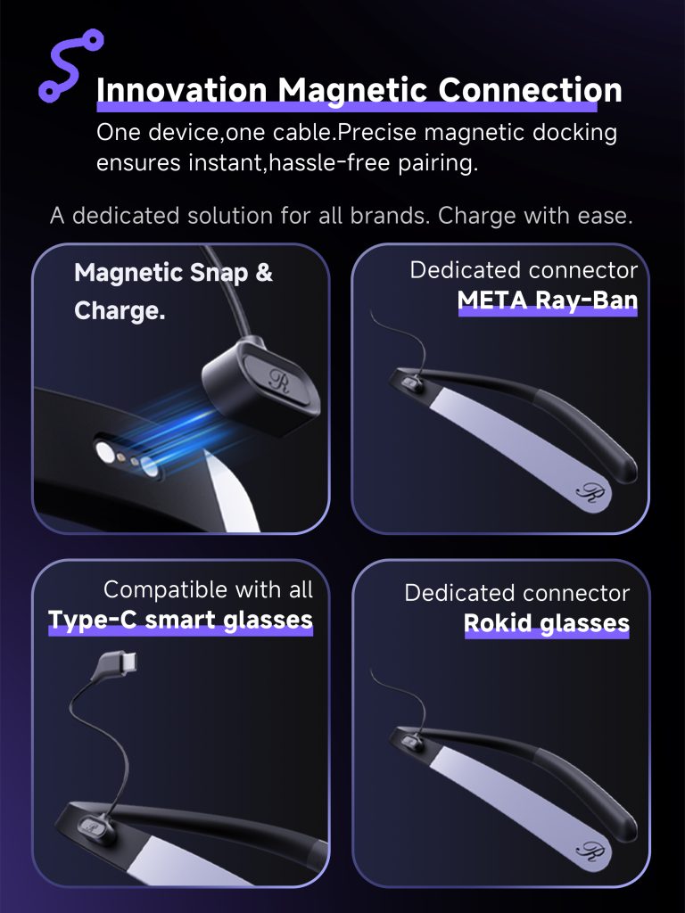 Innovation Magnetic Connection. One device, one cable. Precise magnetic docking ensure instant, hassle-free pairing. A dedicated solution for all brands. Charge with ease. 1. Magnetic Snap & Charge. 2. Dedicated connector, META Ray-Ban 3. Compatible with all Type-C smart glasses. 4. Dedicated connector, Rokid glasses.