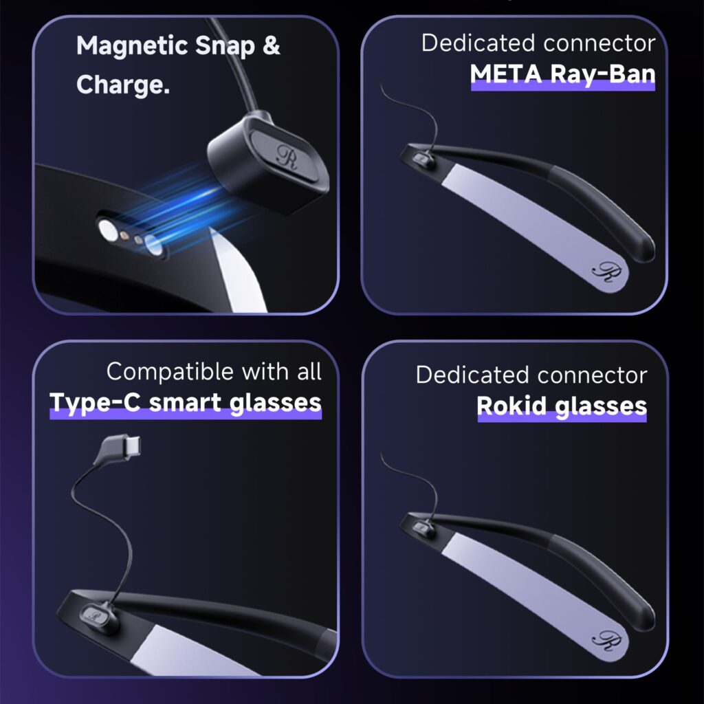 Innovation Magnetic Connection. One device, one cable. Precise magnetic docking ensure instant, hassle-free pairing. A dedicated solution for all brands. Charge with ease. 1. Magnetic Snap & Charge. 2. Dedicated connector, META Ray-Ban 3. Compatible with all Type-C smart glasses. 4. Dedicated connector, Rokid glasses.
